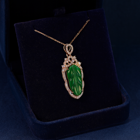 Jadeite Necklace With Gold Inlaid Branches And Jade Leaves