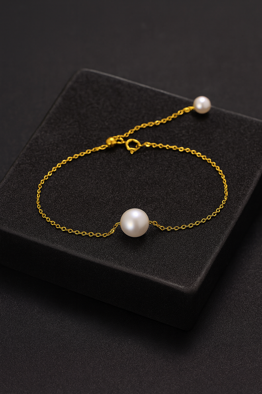 Single 18K Gold Japanese Akoya sea pearl bracelet adjusts natural rose white color gold flawless bulb