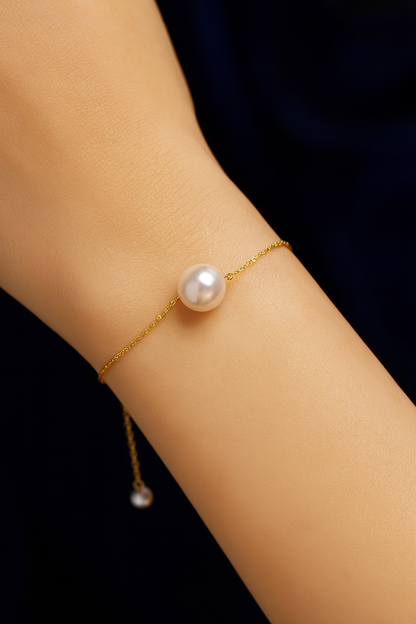 Single 18K Gold Japanese Akoya sea pearl bracelet adjusts natural rose white color gold flawless bulb