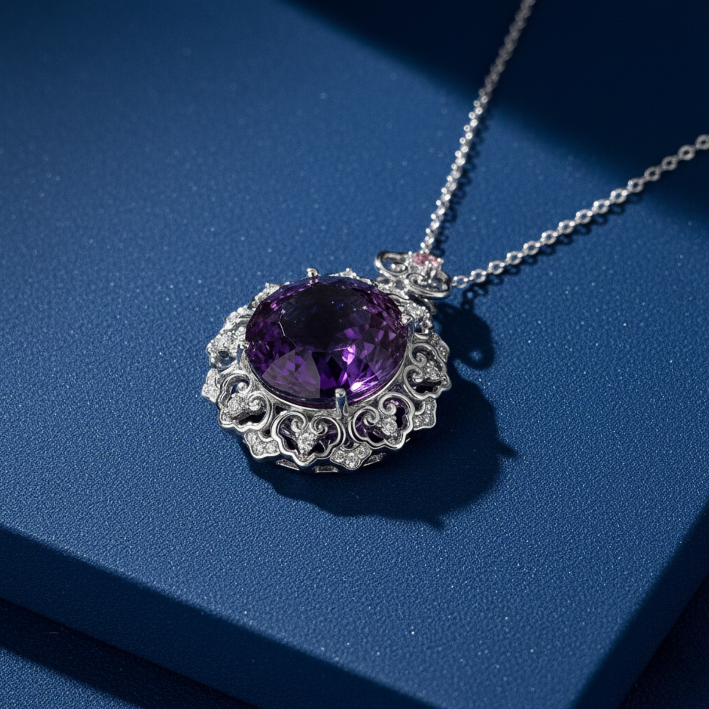 Amethyst & Diamond Filigree Pendant Necklace in Sterling Silver