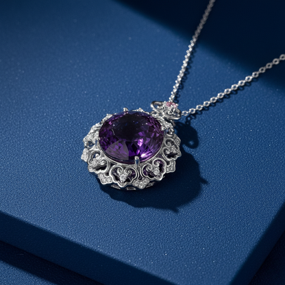 Amethyst & Diamond Filigree Pendant Necklace in Sterling Silver