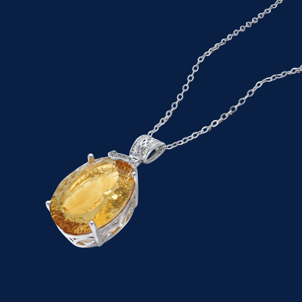 Luxury Oval Citrine Pendant Necklace in Sterling Silver with Diamond Accents – Elegant Women’s Jewelry