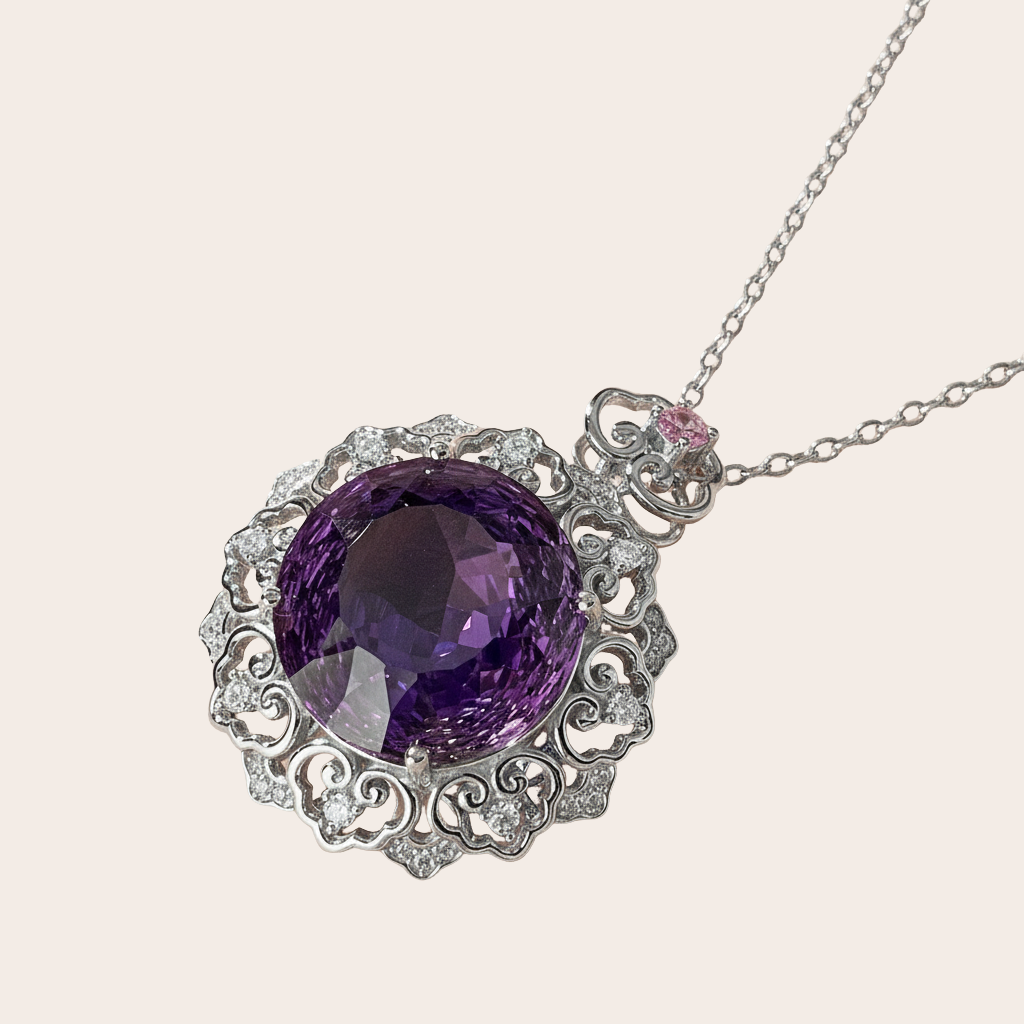 Amethyst & Diamond Filigree Pendant Necklace in Sterling Silver