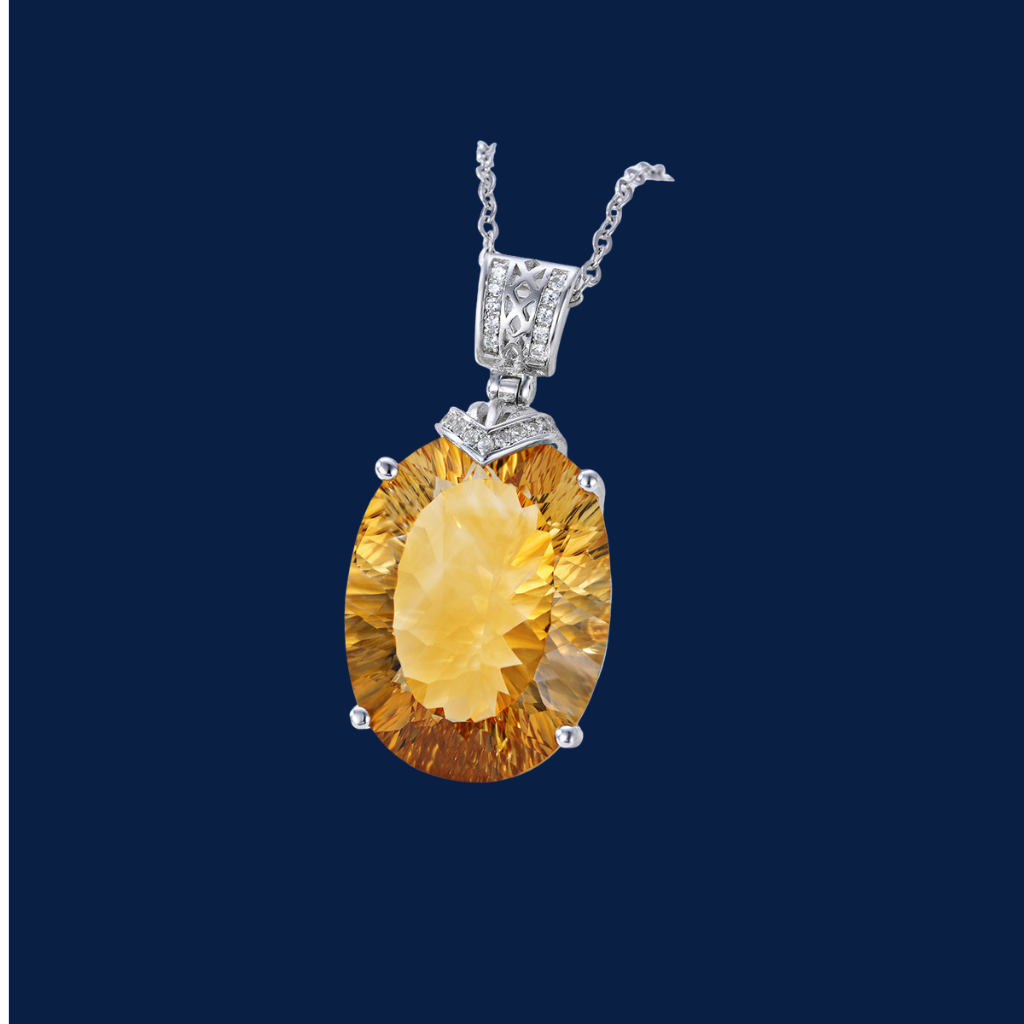 Luxury Oval Citrine Pendant Necklace in Sterling Silver with Diamond Accents – Elegant Women’s Jewelry