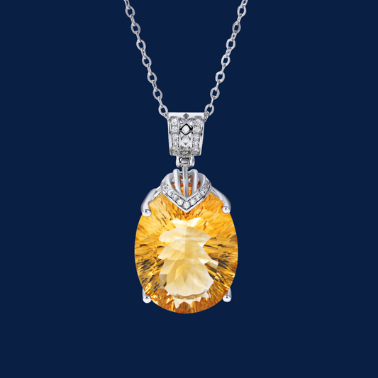 Luxury Oval Citrine Pendant Necklace in Sterling Silver with Diamond Accents – Elegant Women’s Jewelry