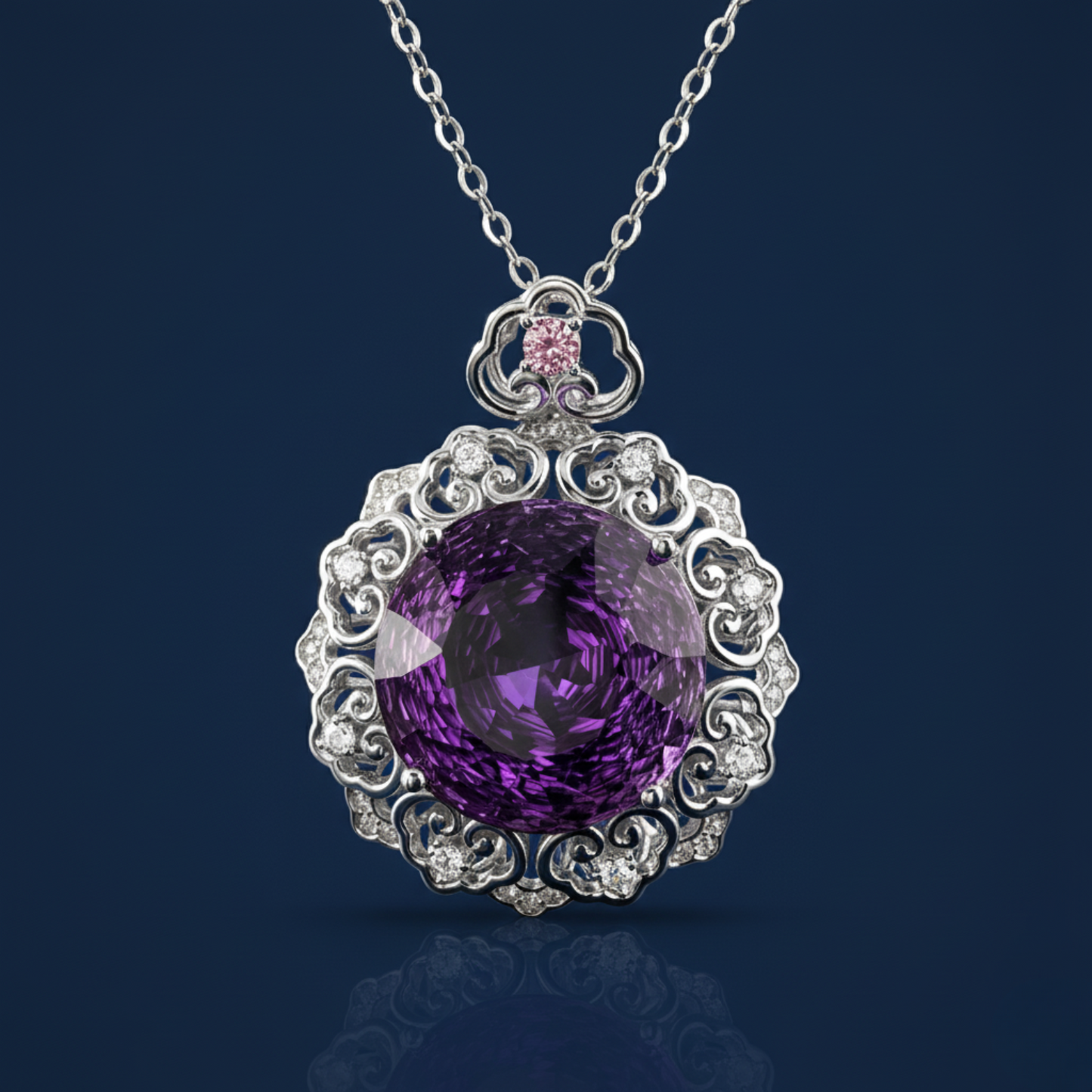 Amethyst & Diamond Filigree Pendant Necklace in Sterling Silver