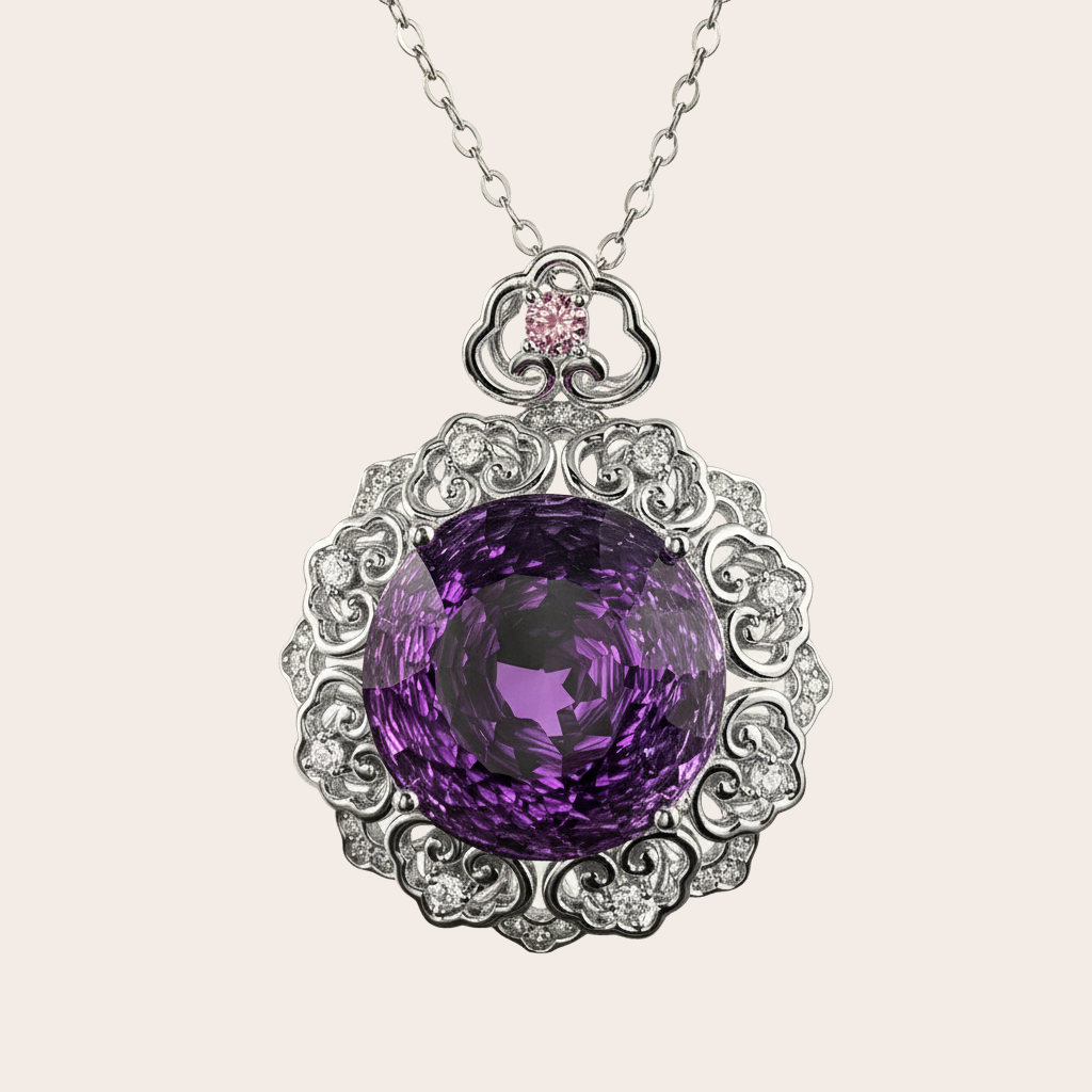 Amethyst & Diamond Filigree Pendant Necklace in Sterling Silver
