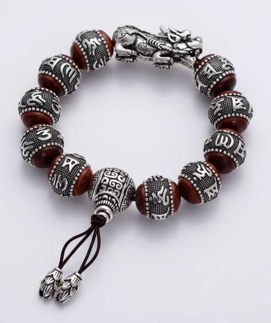 Auspicious Pixiu & Red Sandalwood Silver Inlay Bracelet