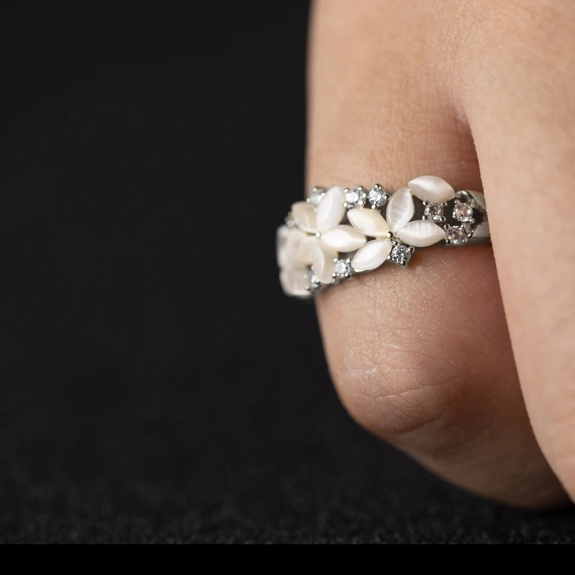 Elegant Floral Band Ring with White Petal Stones & Diamond Accents in Gold Finish
