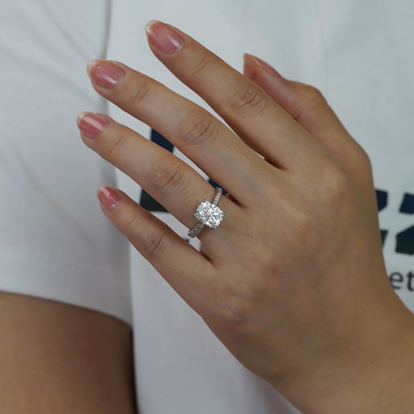 Cushion Cut Solitaire Engagement Ring with Diamond Accents in Sterling Silve