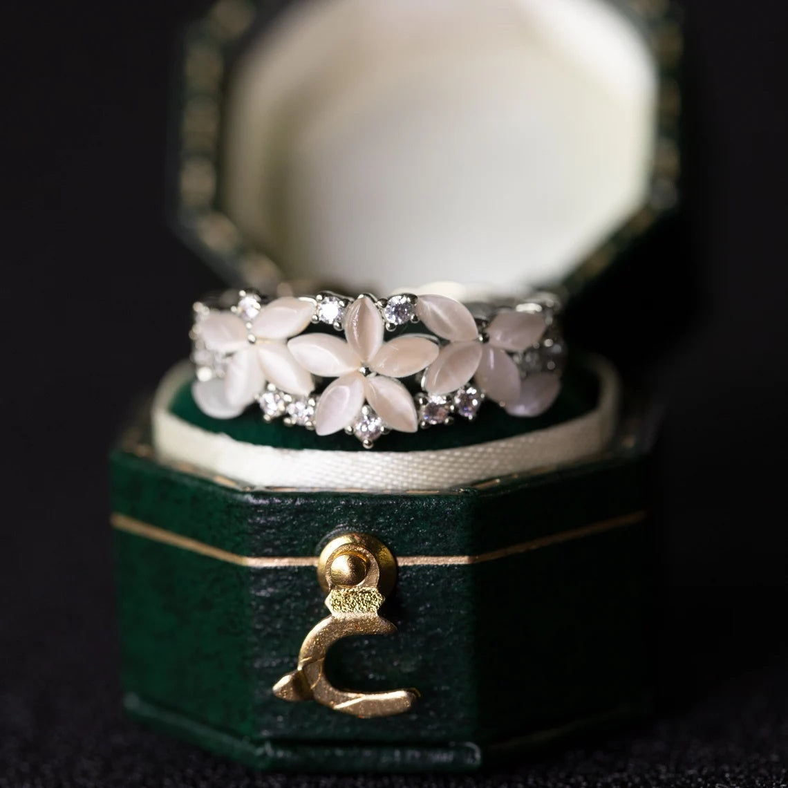Elegant Floral Band Ring with White Petal Stones & Diamond Accents in Gold Finish