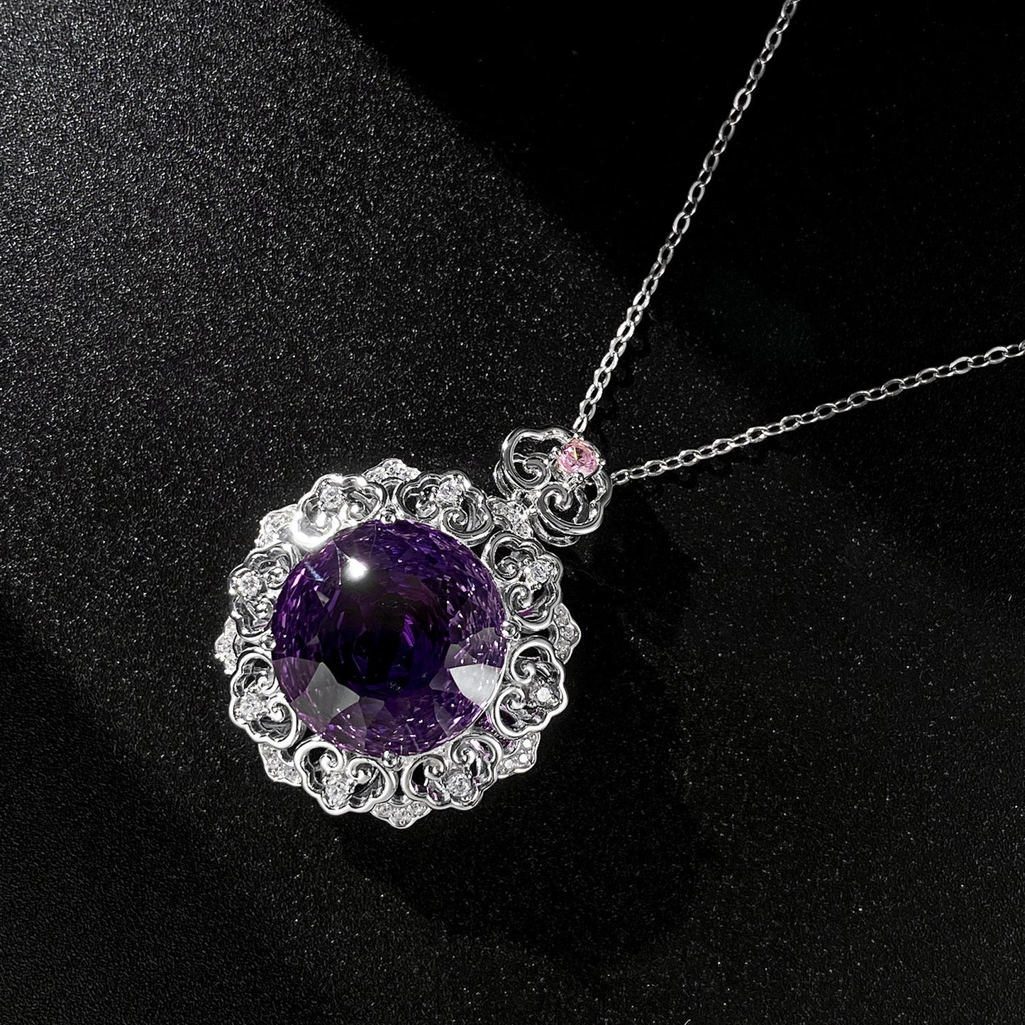 Amethyst & Diamond Filigree Pendant Necklace in Sterling Silver