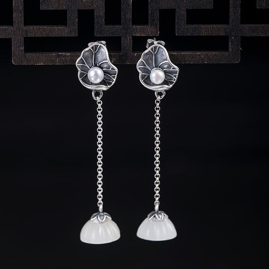 Everlasting Lotus: Hetian Jade & Pearl Drop Earrings
