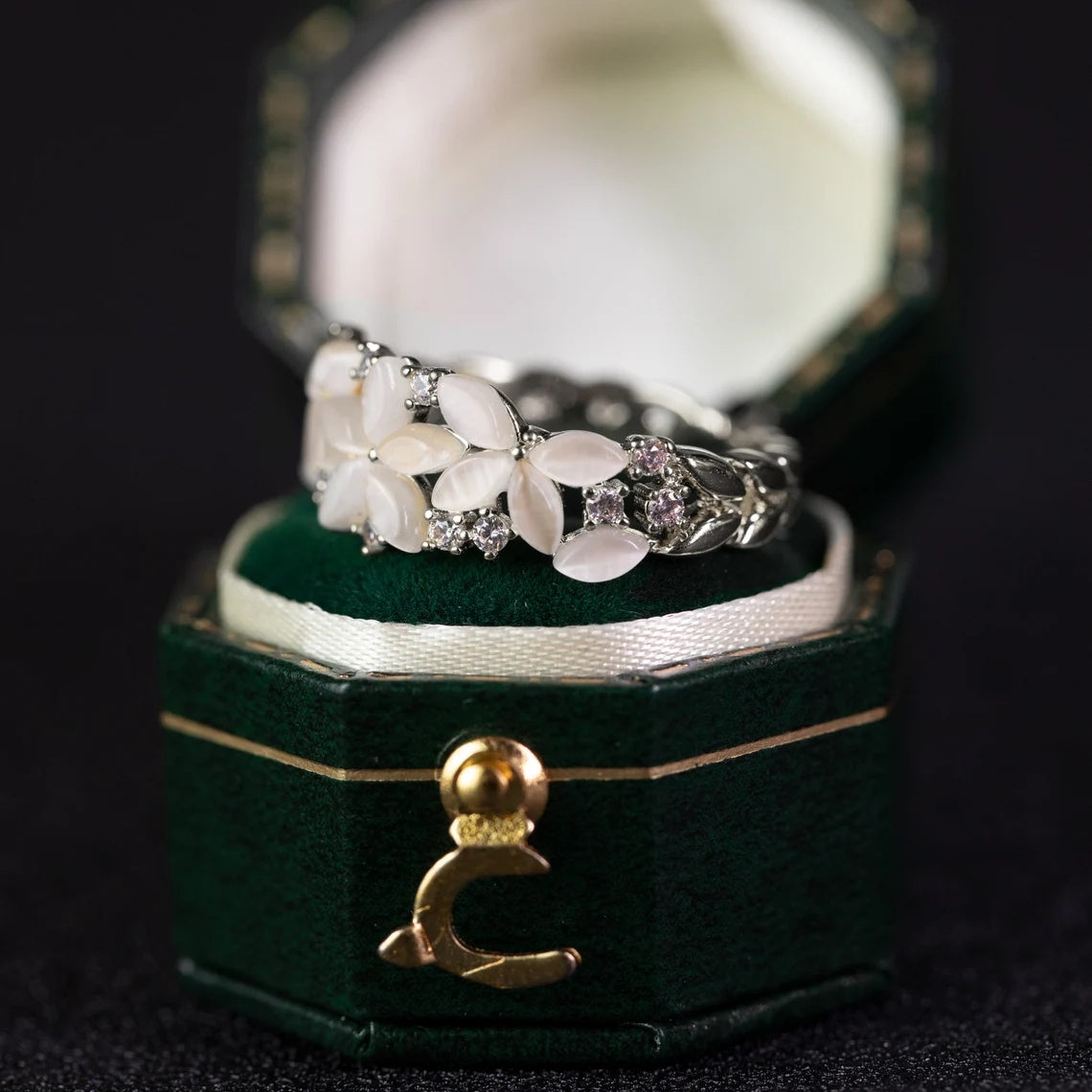 Elegant Floral Band Ring with White Petal Stones & Diamond Accents in Gold Finish