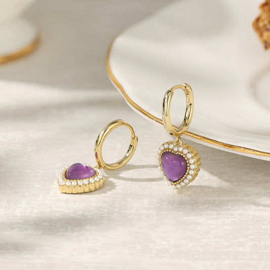 Vintage Amethyst-Tone Heart Huggies with Seed Pearl Halo