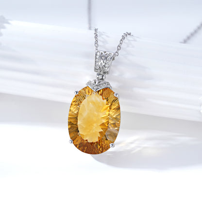 Luxury Oval Citrine Pendant Necklace in Sterling Silver with Diamond Accents – Elegant Women’s Jewelry