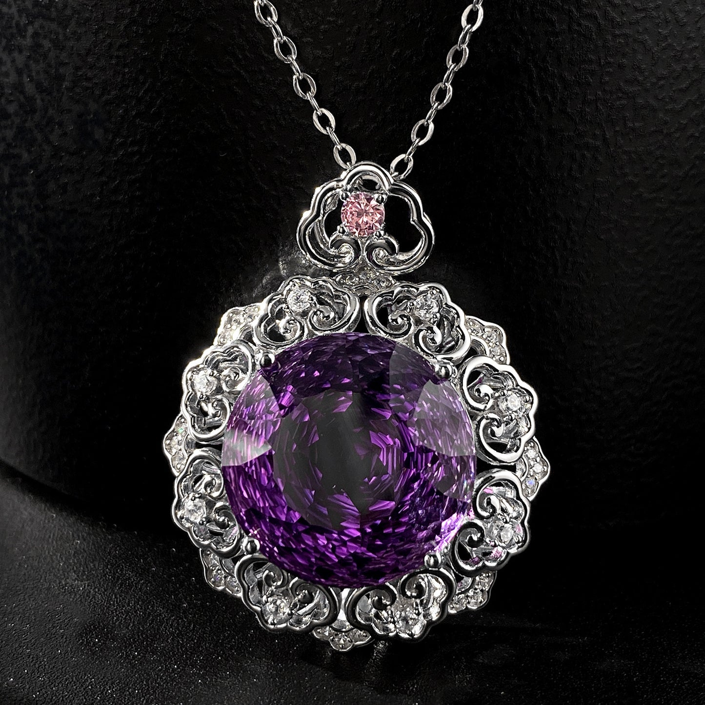 Amethyst & Diamond Filigree Pendant Necklace in Sterling Silver