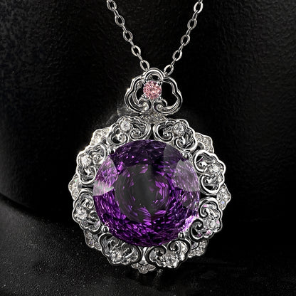 Amethyst & Diamond Filigree Pendant Necklace in Sterling Silver