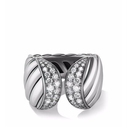 Bold Twisted Band Ring with Diamond Pavé in Sterling Silver