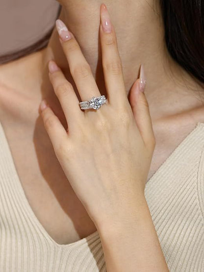 Luxury Solitaire Engagement Ring with Round Brilliant Cut Diamond & Paved Band in Sterling Silver