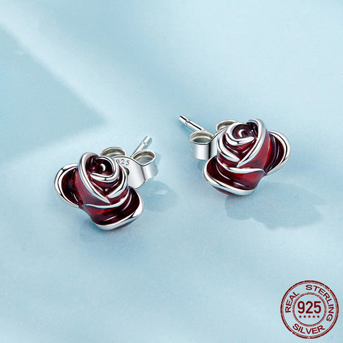 Red Rose Stud Earrings S925 Sterling Silver Plant Eardrops Earrings