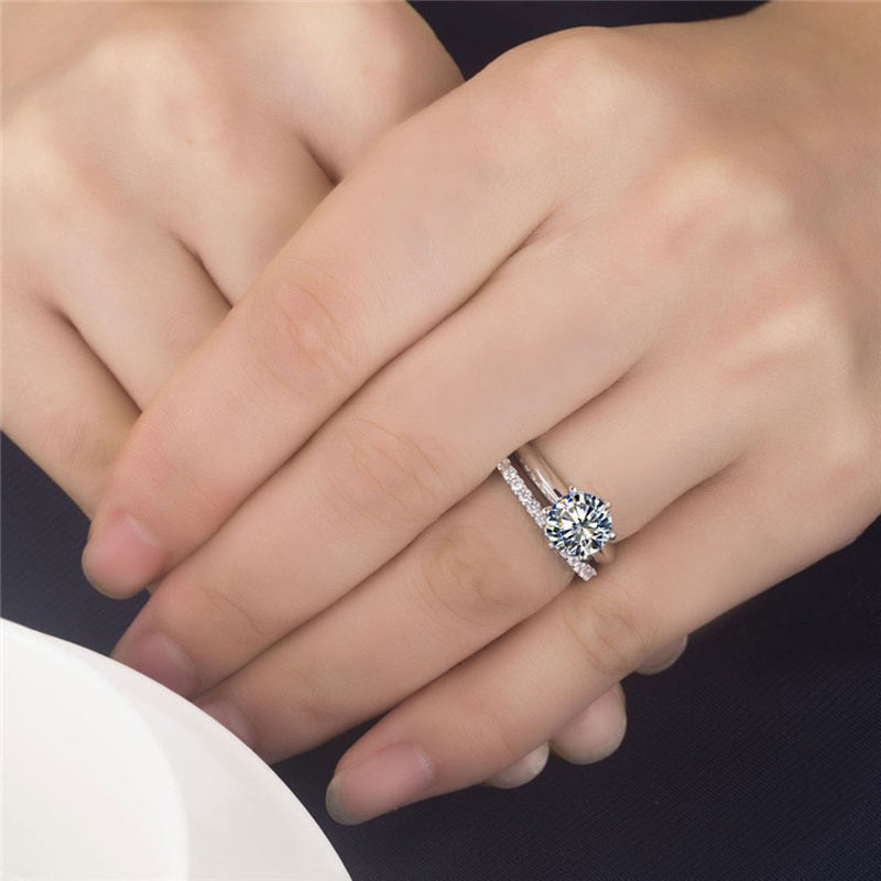 Solitaire Engagement Ring with Round Brilliant Diamond & Matching Eternity Band in Sterling Silver