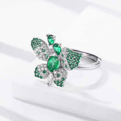 Luxury Butterfly Ring with Green Emeralds & White Diamond Accents in Sterling Silver