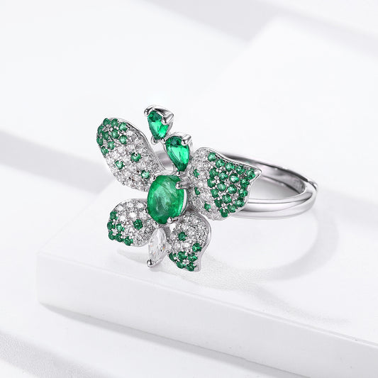 Luxury 925 Silver Butterfly Ring with Green Emeralds & White Diamond Accents in Sterling Silver