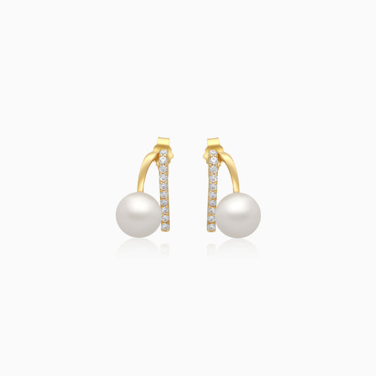 18K Yellow Gold Pearl & Zircon Stud Earrings