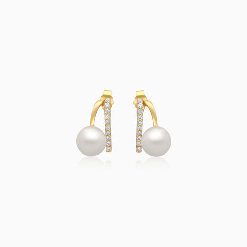 18K Yellow Gold Pearl & Zircon Stud Earrings