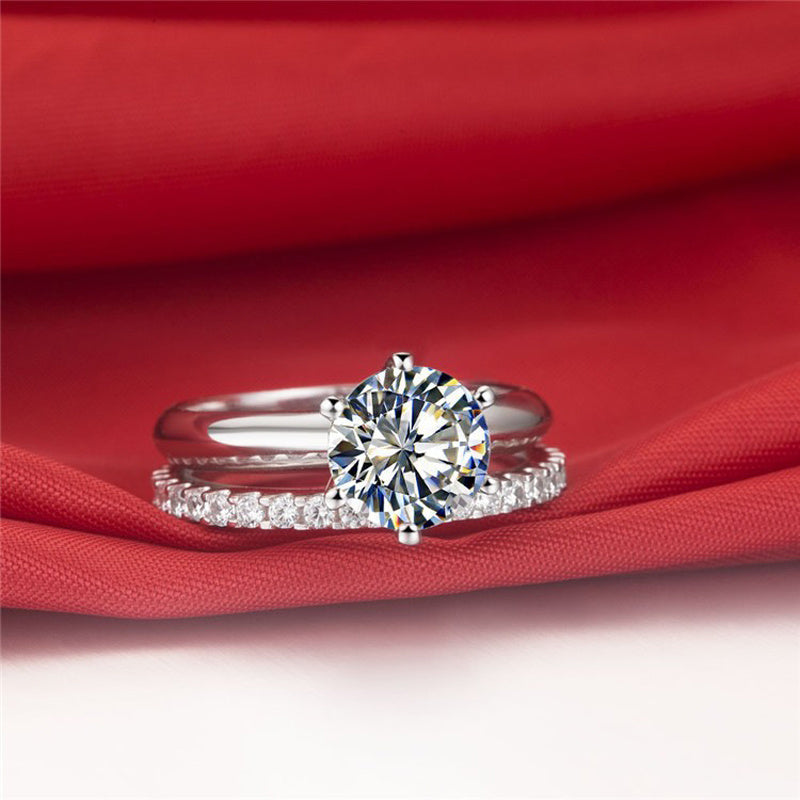 Solitaire Engagement Ring with Round Brilliant Diamond & Matching Eternity Band in Sterling Silver