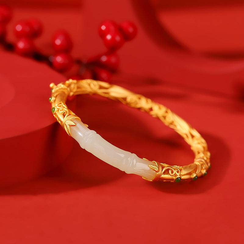 Elegant Jade Inlay Gold Plated Silver Bangle